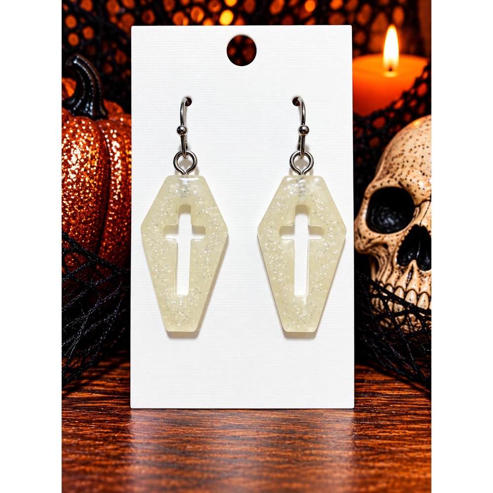 Glitter Resin Coffin Cross Earrings Gothic Halloween Dangle Earrings Handmade